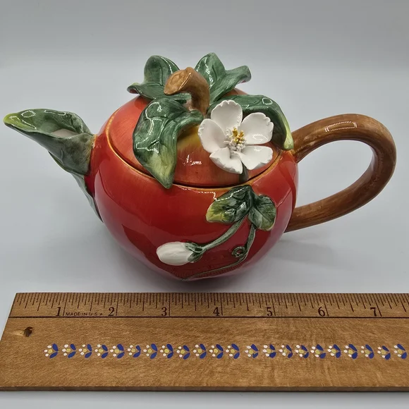 Small Teapot "Orchard In Bloom" Red Apple Ceramic Floral Cottagecore - Picture 12 of 13